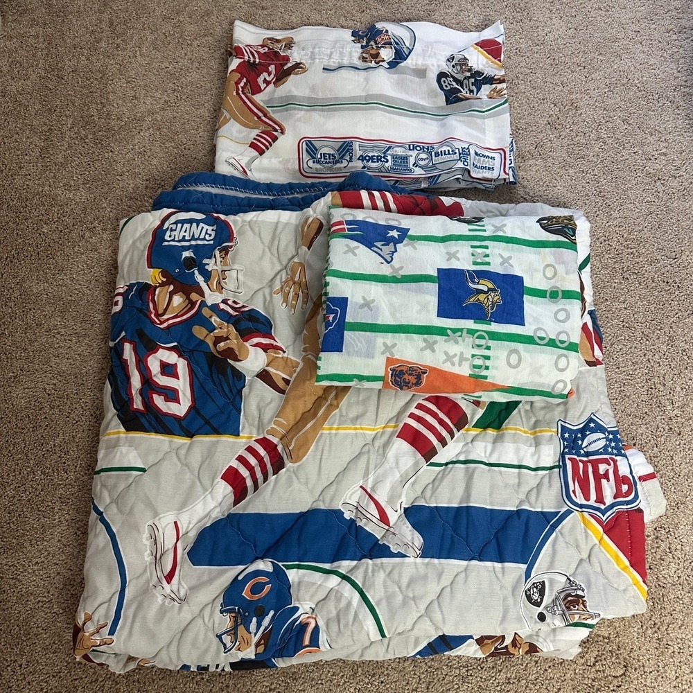 Vtg 90s NFL Football Quilted Bedding Set Kids Twin‎ Bedspread Window Sheet